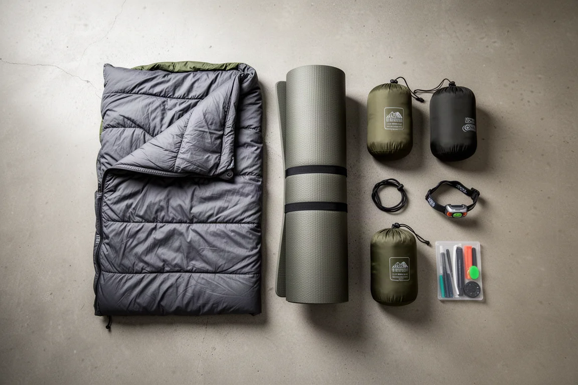 Vue à plat d'une couette de bivouac, d'un matelas de couchage et de sacs de rangement sur du béton