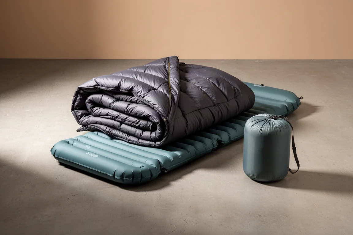 Backpacking quilt, insulated sleeping pad and stuff sack on a neutral studio surface
