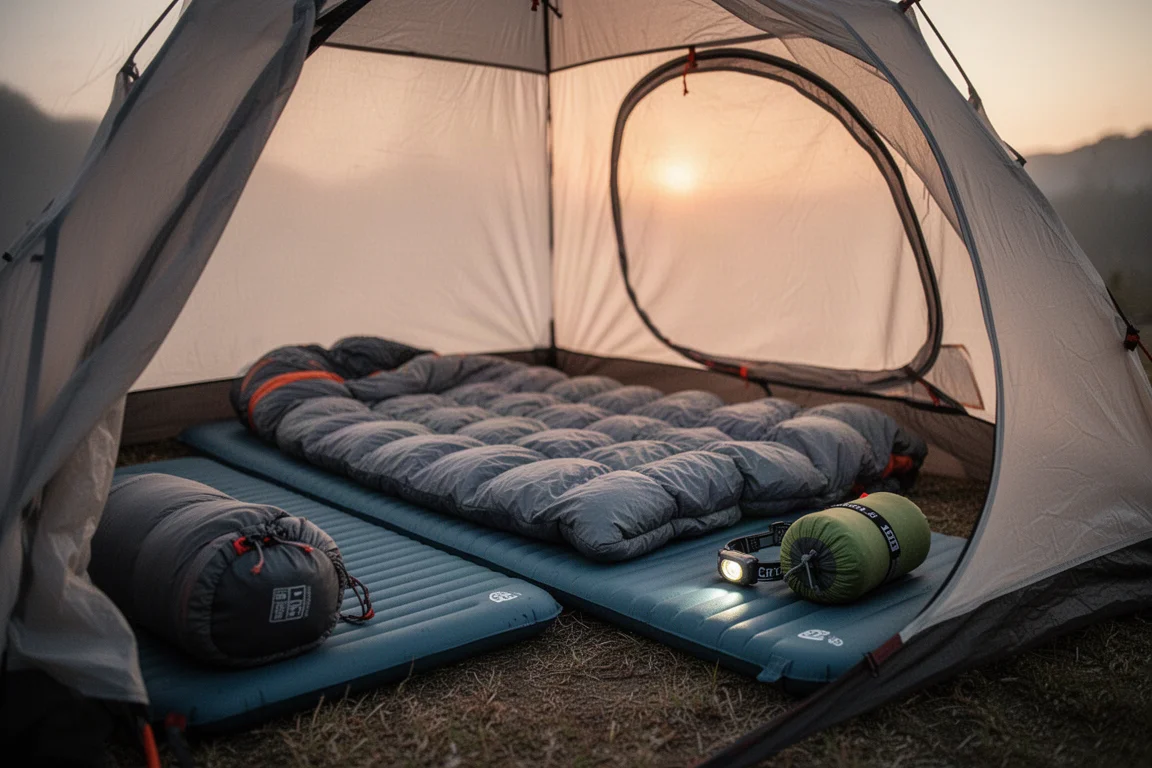 Zeltinneres in der Dämmerung mit isolierter Schlafmatte und ausgebreitetem Quilt für die Nacht