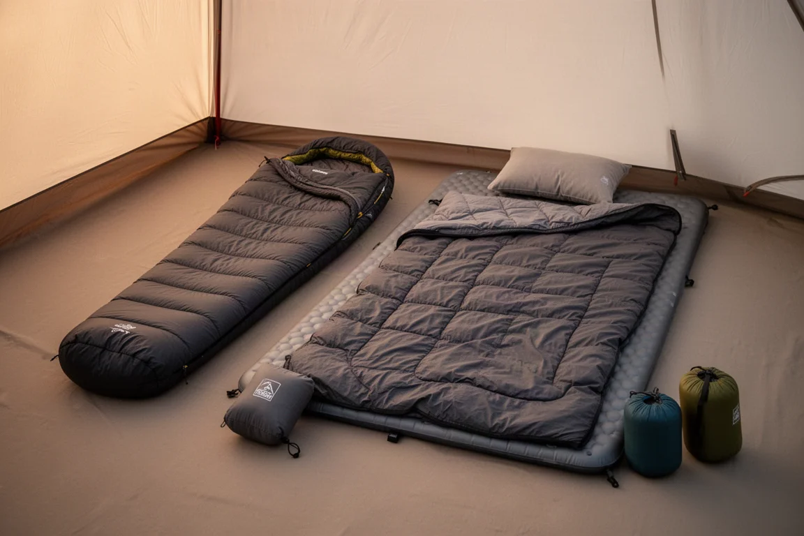 Mumienschlafsack und breiter Quilt nebeneinander auf dem Zeltboden im Morgengrauen