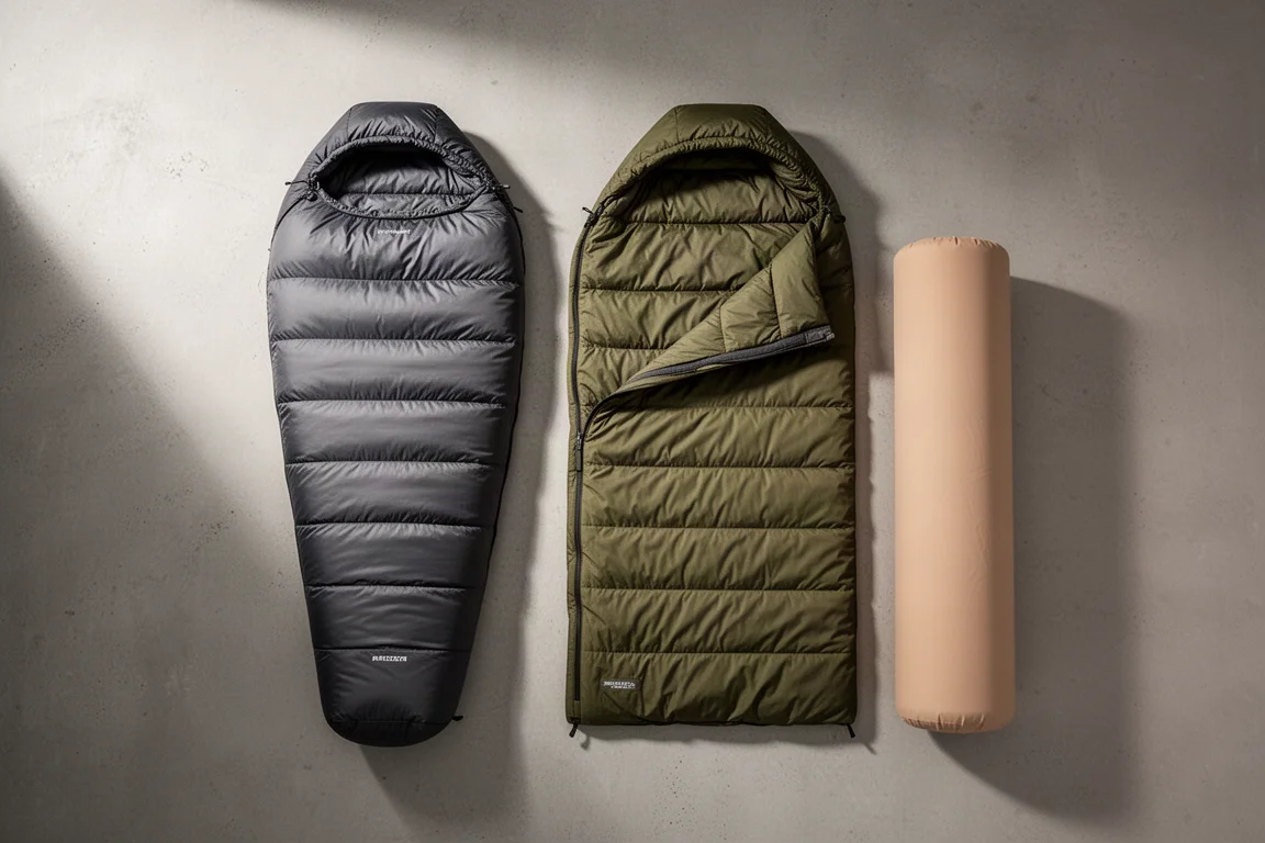 Ultralight sleeping bag, wide quilt and rolled sleeping pad arranged on a concrete surface