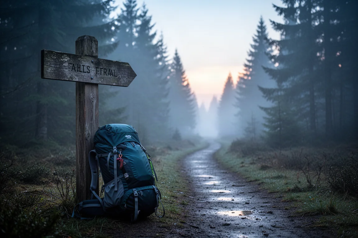 Beladener Wanderrucksack lehnt im Morgengrauen an einem hölzernen Wegweiser am Trailhead