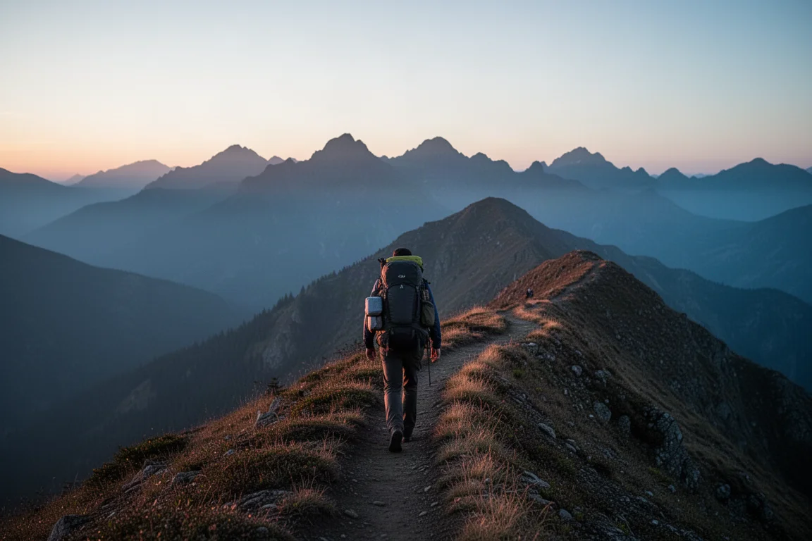 Wanderer mit beladenem Rucksack läuft in der Abenddämmerung auf einem Gratweg