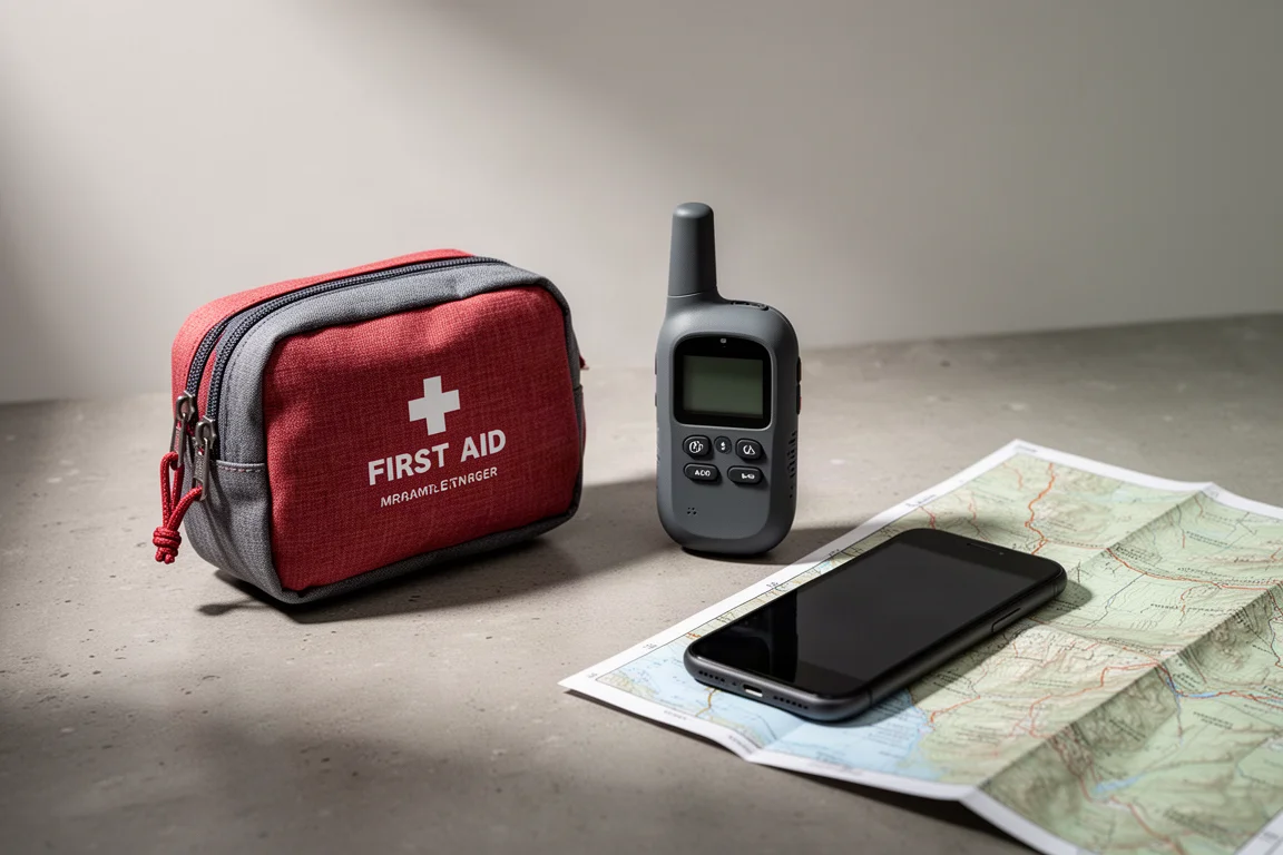 First aid pouch, satellite messenger, and phone with map on a concrete surface