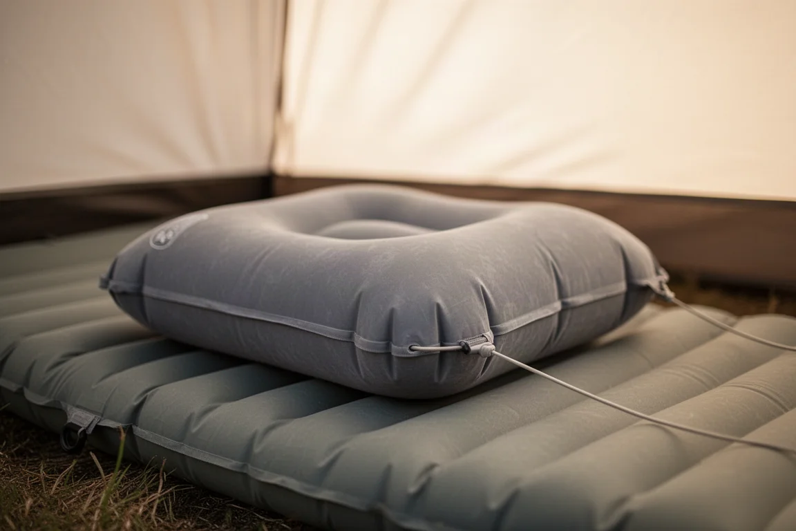 Campingkudde fäst vid ett ligunderlag med en tunn shockcord inuti ett tält
