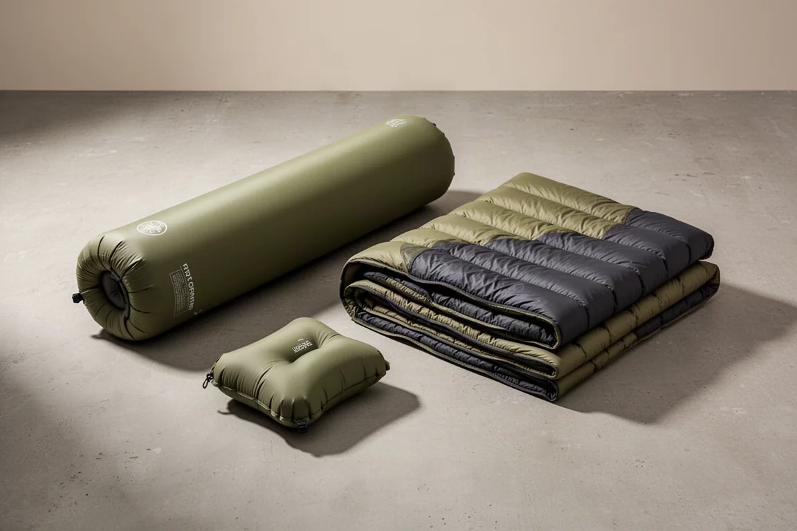 Backpacking sleeping pad, down sleeping bag, and quilt arranged on concrete