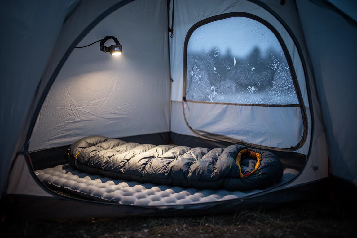 Tent interior at dusk with a sleeping bag laid flat over an insulated pad
