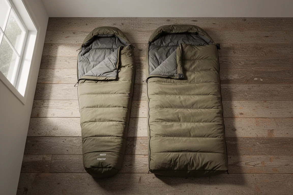 Overhead flat-lay of a narrow and a wide sleeping bag side by side on wood