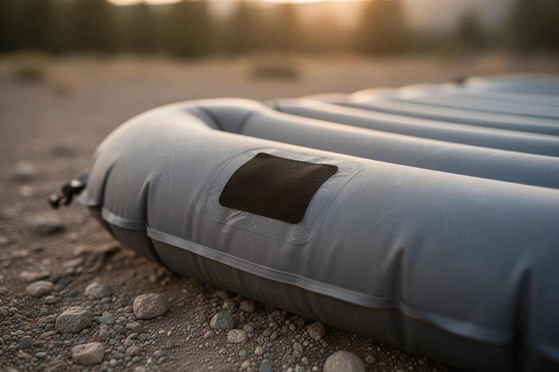 Repair patch pressed onto an inflated sleeping pad on a gravel campsite