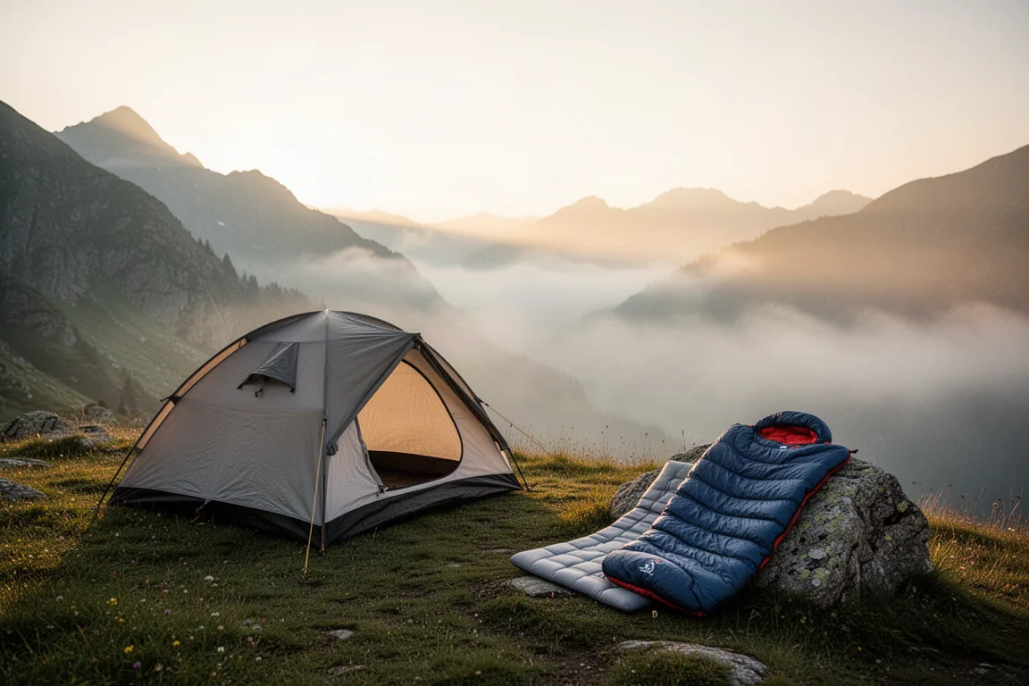 Sunrise alpine campsite with a tent, sleeping pad and bag airing outside