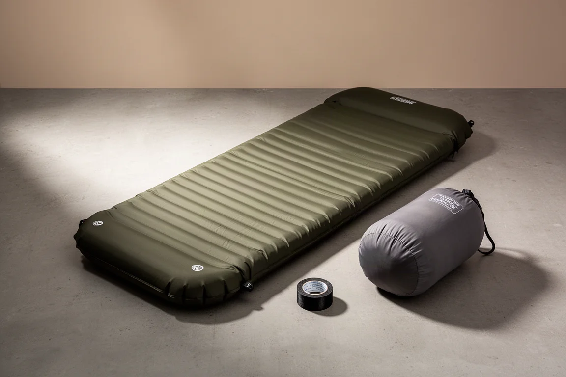 Inflatable sleeping pad, roll of repair tape and packed sleeping bag on a neutral surface