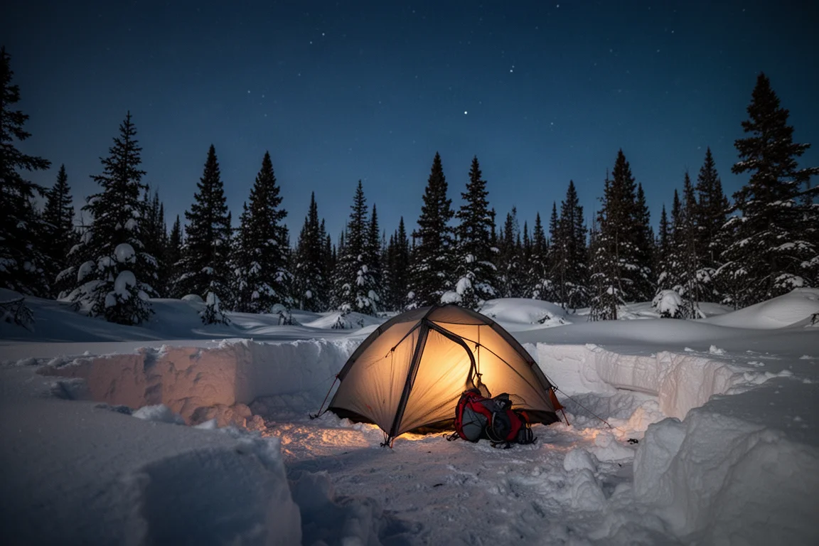 Campeggio innevato di notte con una tenda da bivacco bassa caldamente illuminata