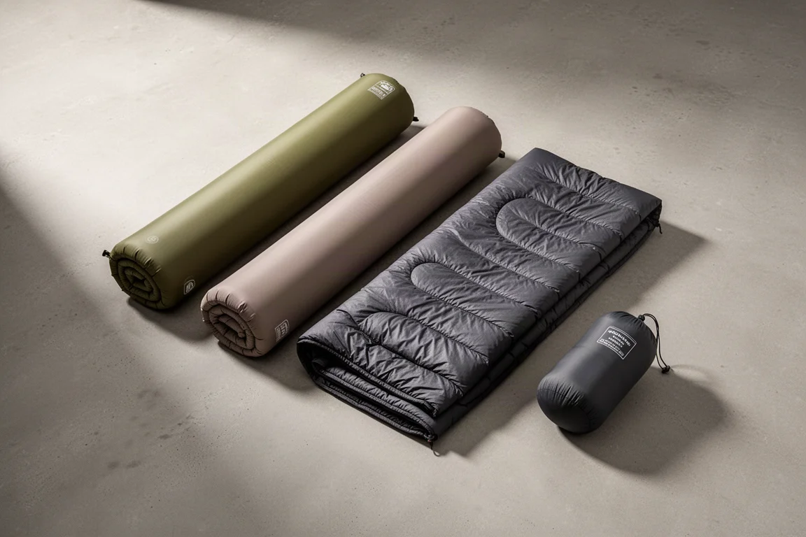 Rolled sleeping pads, folded quilt and stuff sack arranged on a concrete surface