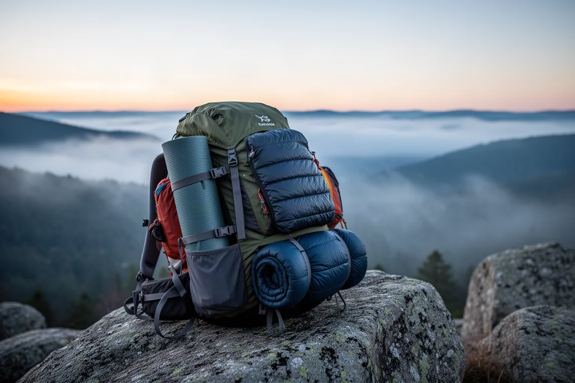 Leichte Schlafmatte und Quilt im Morgengrauen an einem Rucksack befestigt