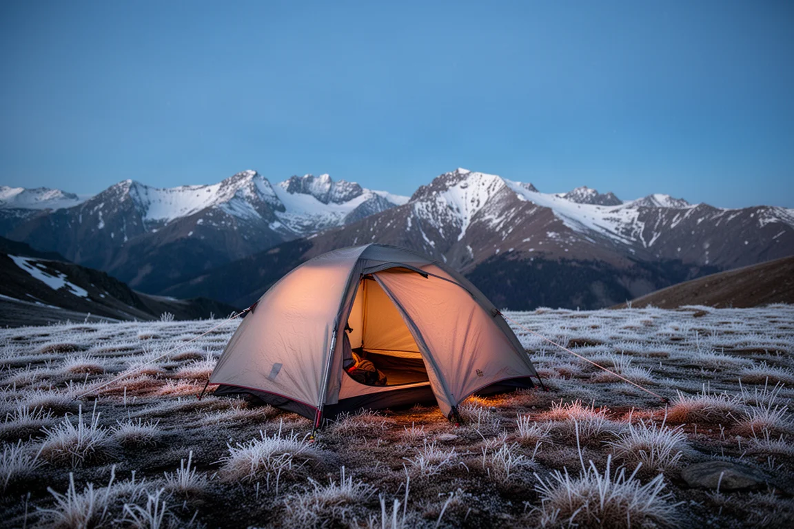 Frostbedeckter alpiner Campingplatz in der Abenddämmerung mit leuchtendem Zelt