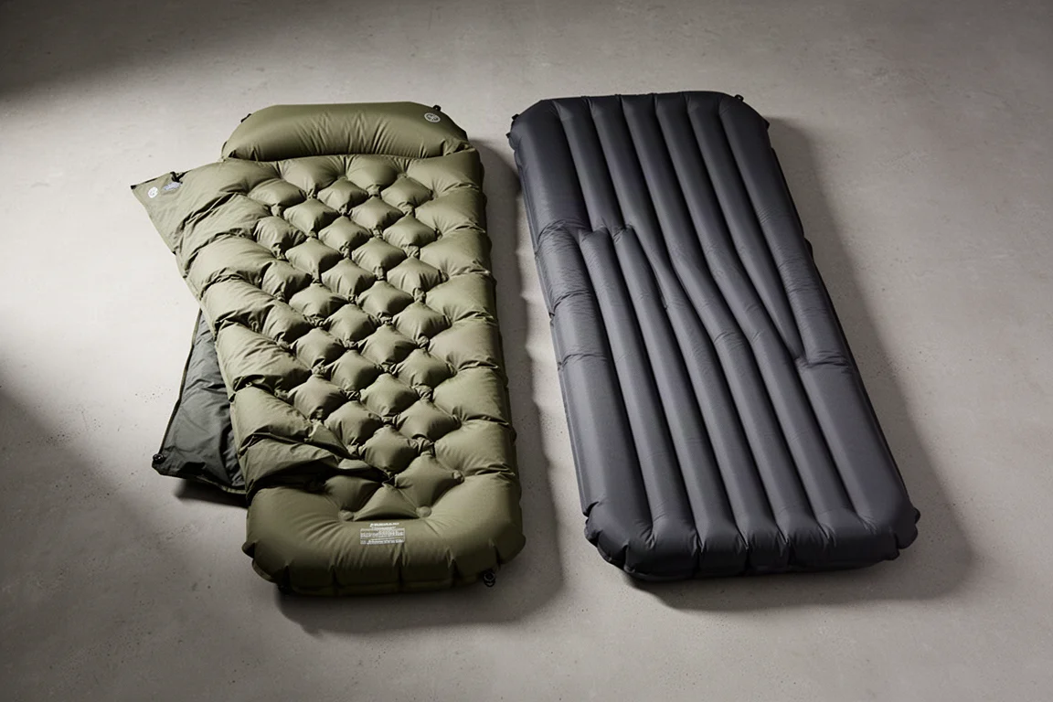Two inflatable backpacking sleeping pads laid side by side on a concrete surface