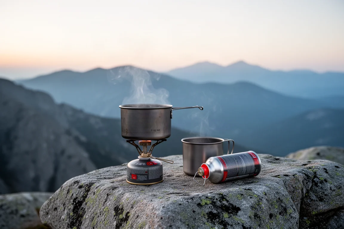 Camp kitchen at dawn with a titanium pot steaming on a canister stove on granite