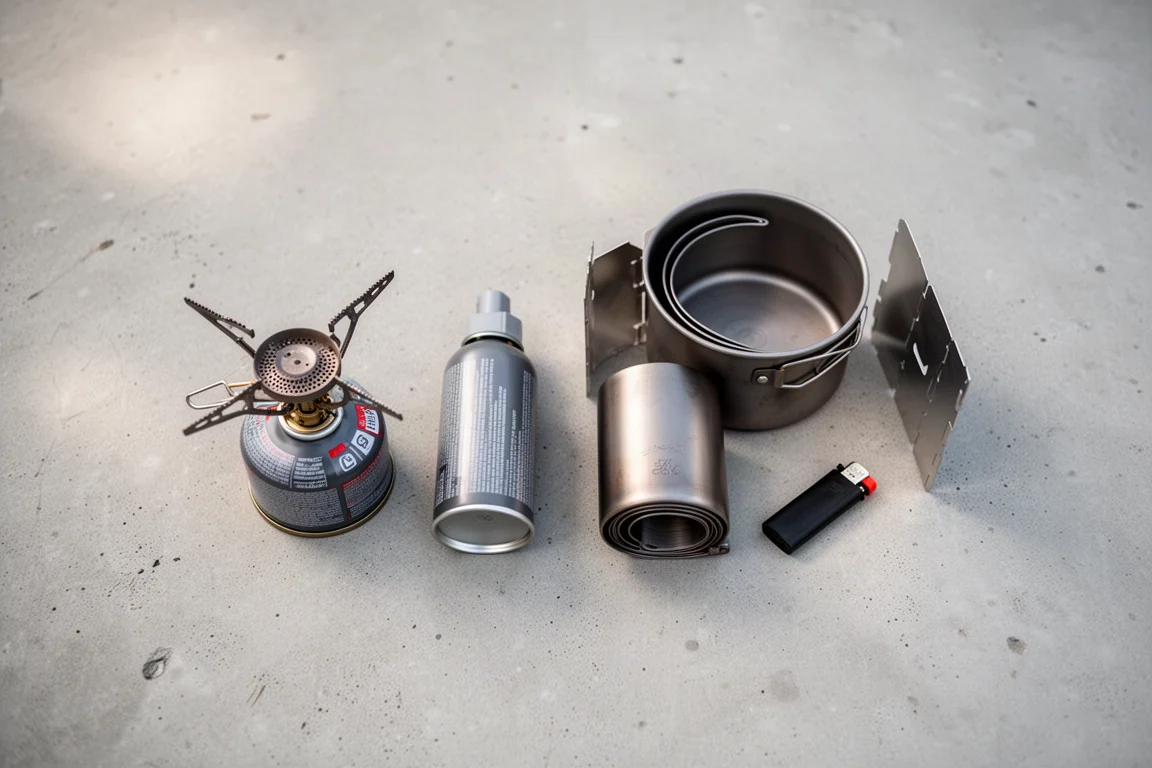 Overhead flat-lay of an ultralight cook kit on a concrete surface
