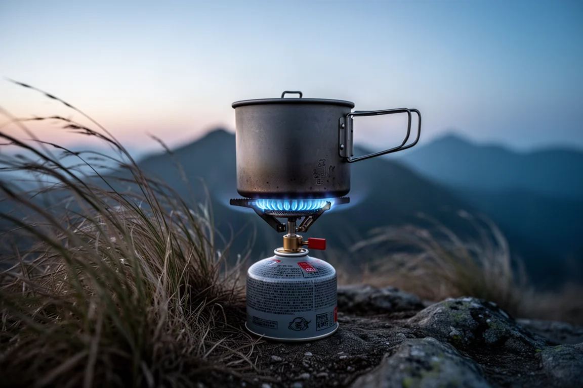 Canister stove burning with a blue flame ring under a titanium pot at dusk on a ridge