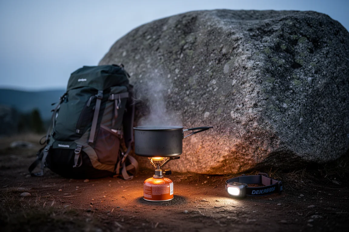 Campsite at dusk with a pot boiling on a canister stove beside a packed backpack