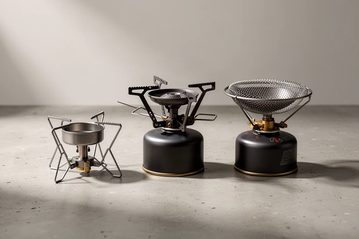 Three compact canister backpacking stoves in a row on a matte concrete surface
