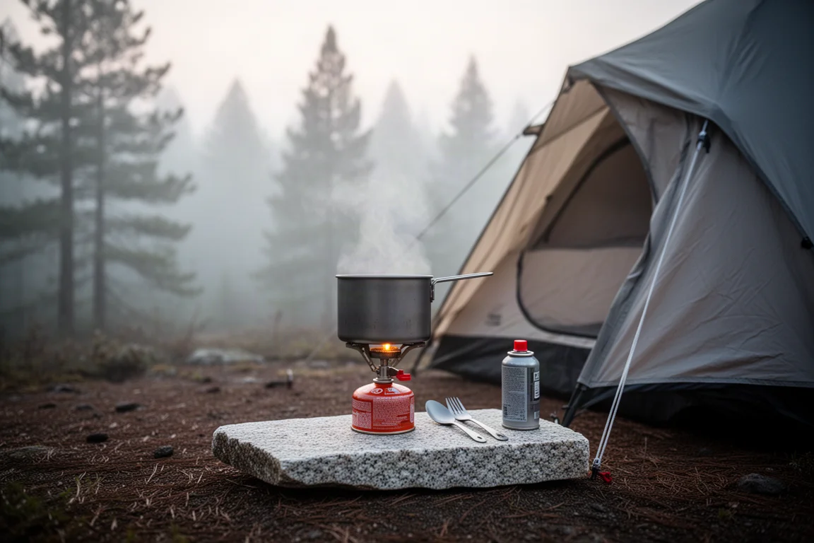 Campingkeuken bij zonsopgang met een brander, pan en tent in een dennenbos