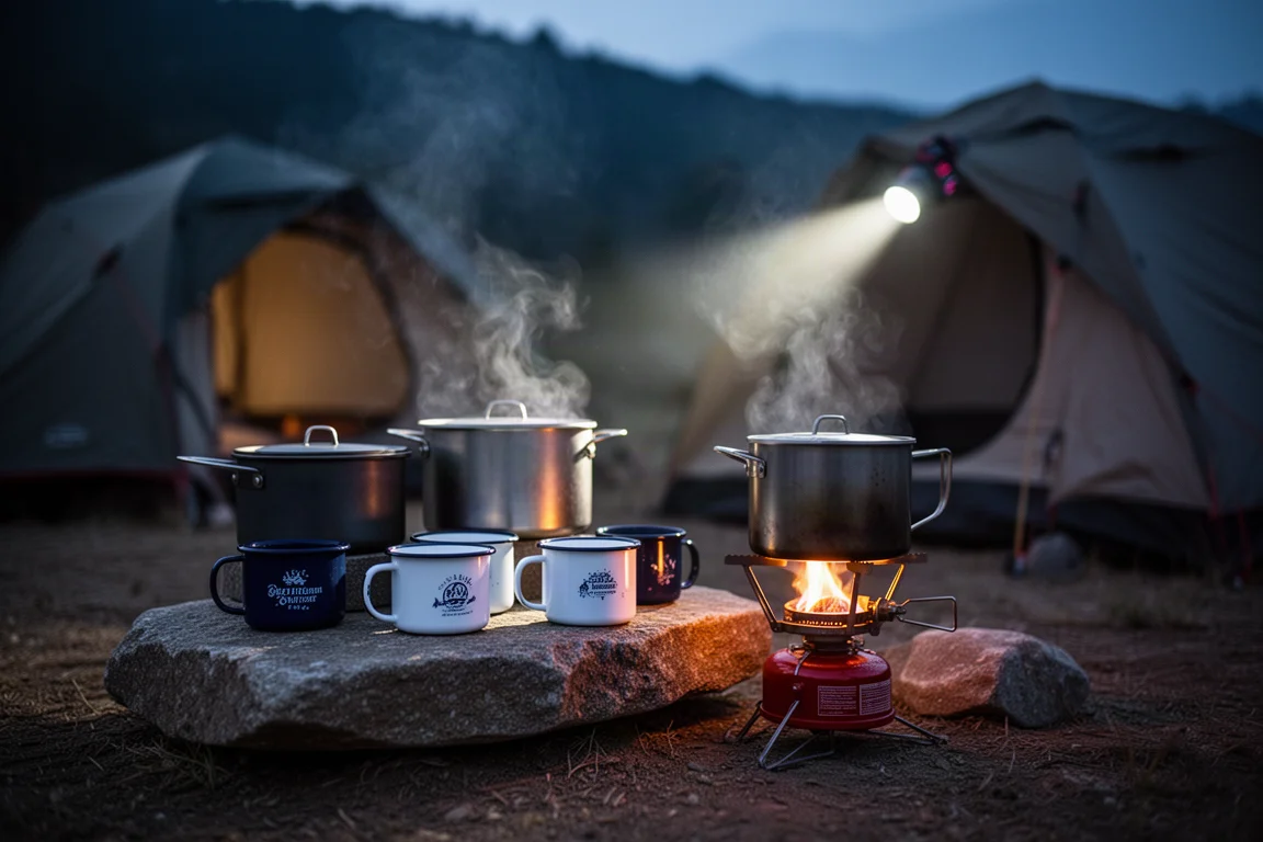 Groepskamp bij schemer met pannen, mokken en een gloeiende brander