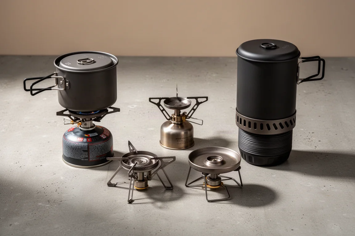 Five backpacking canister stove systems arranged on a matte concrete surface