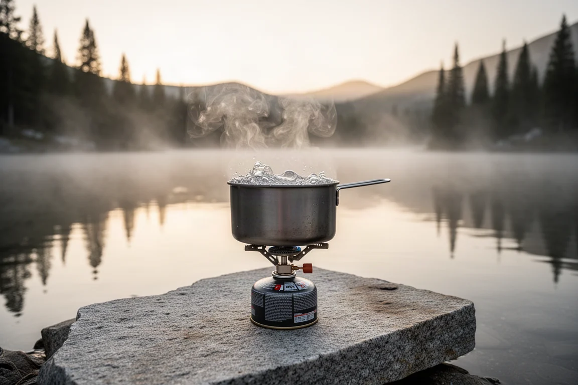 Panela de água fervendo em um fogão compacto com cartucho ao lado de um lago alpino ao nascer do sol