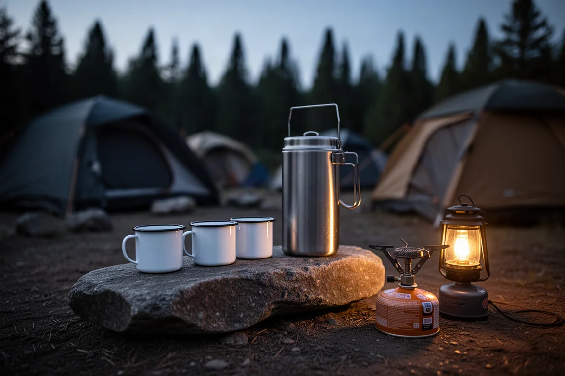 Acampamento em grupo ao anoitecer com canecas e uma panela alta e isolada sobre uma pedra plana