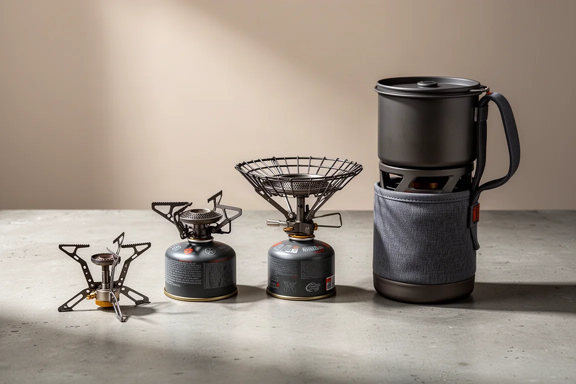 Four backpacking canister stoves arranged in a row on a matte concrete surface