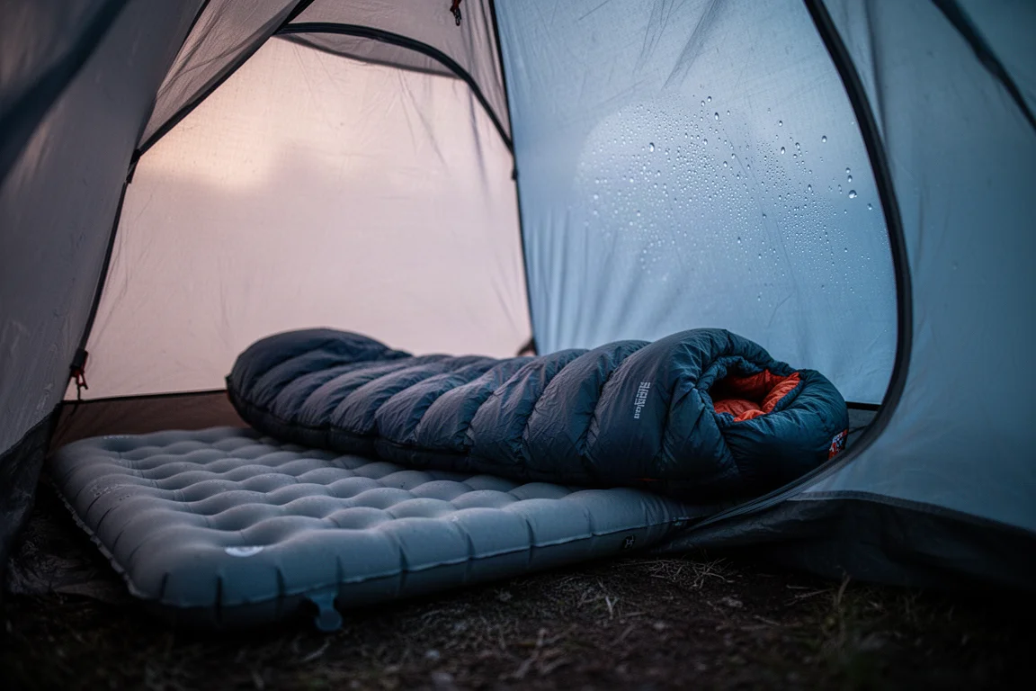 Interior de una tienda de acampada pequeña con una esterilla y un saco de dormir al atardecer