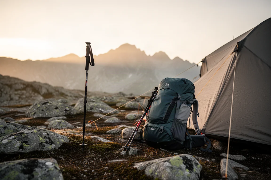 Mochila y bastón de trekking junto a una tienda fijada con estacas en terreno alpino rocoso al amanecer