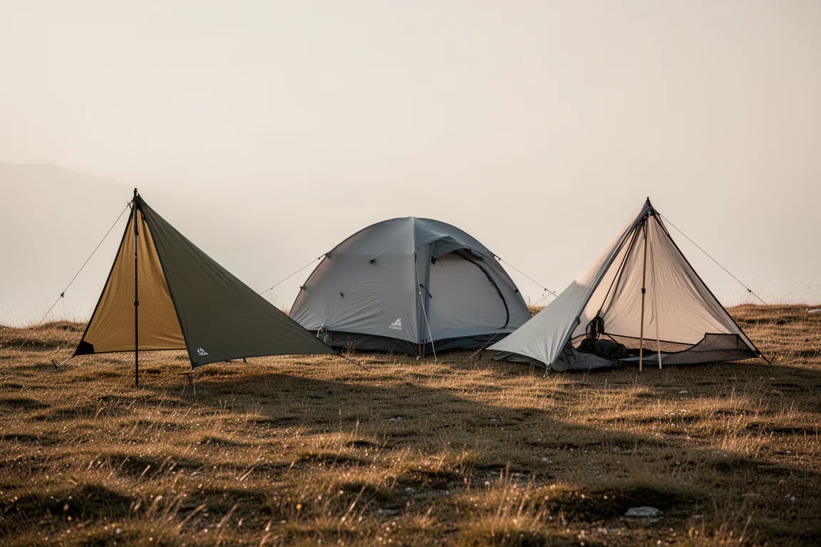 Three backpacking tents pitched side by side on an alpine meadow at golden hour