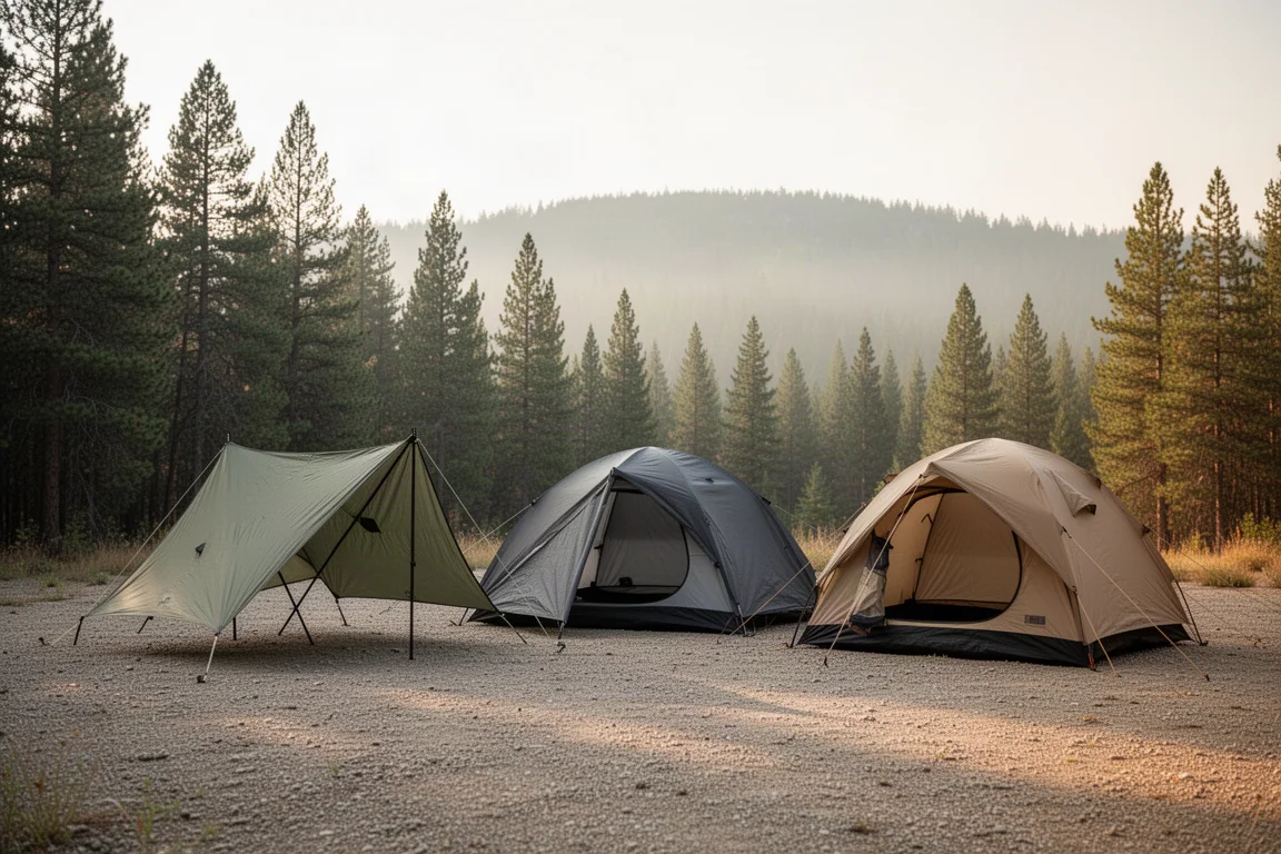 Three backpacking tents pitched side by side on a gravel clearing at the edge of a pine forest