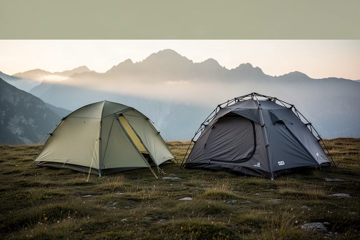 Due tende da backpacking dal profilo basso montate su un prato alpino aperto durante l'ora d'oro