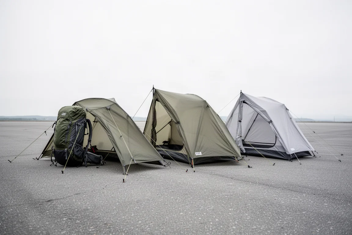 Tre tende da backpacking montate in fila su asfalto grigio sotto una luce coperta