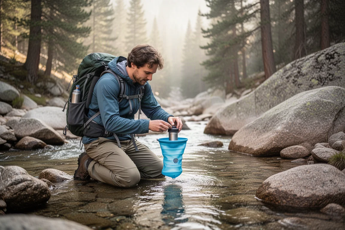 Backpacker befüllt einen zusammenfaltbaren Wasserfilterbeutel an einem klaren Gebirgsbach