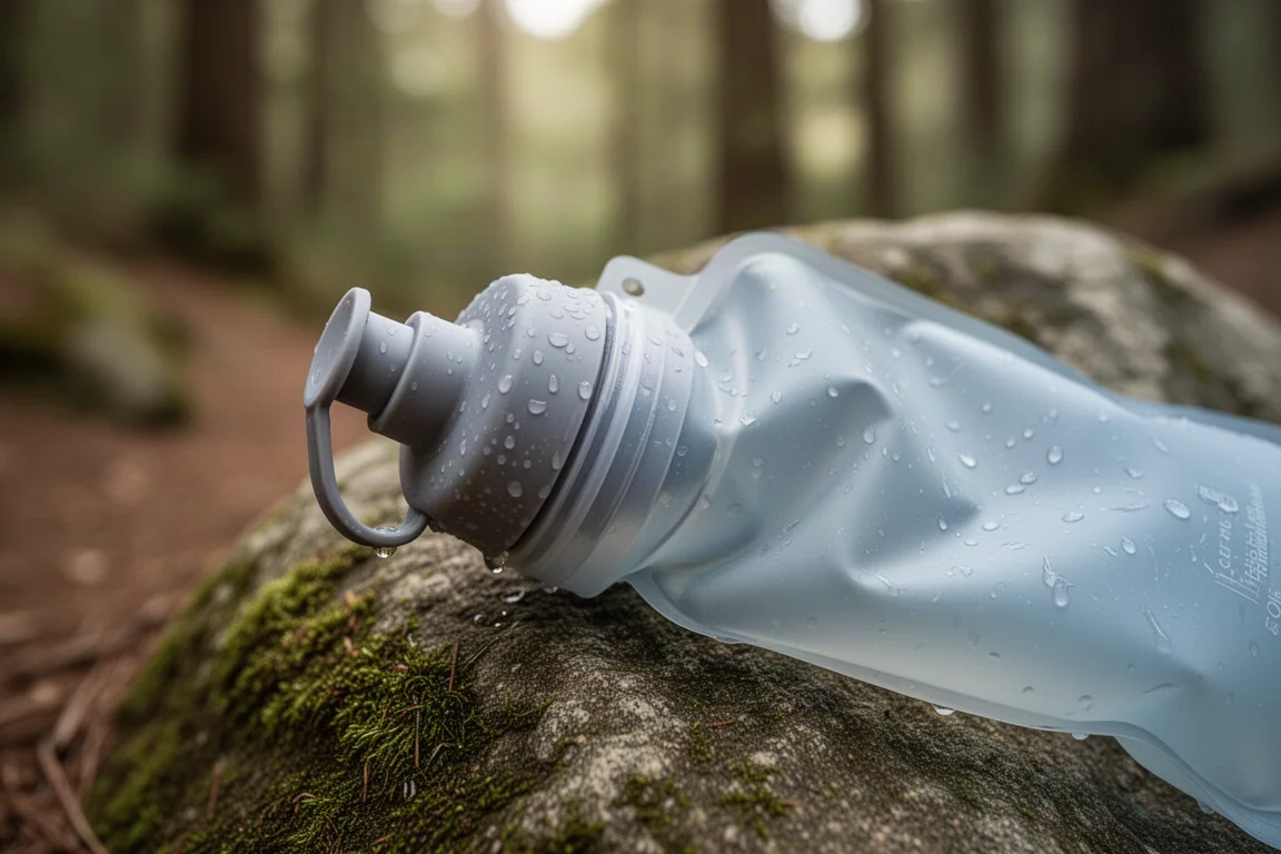 Squeeze-Wasserfilter an einer zusammenfaltbaren Flasche auf einem Felsen am Wegrand