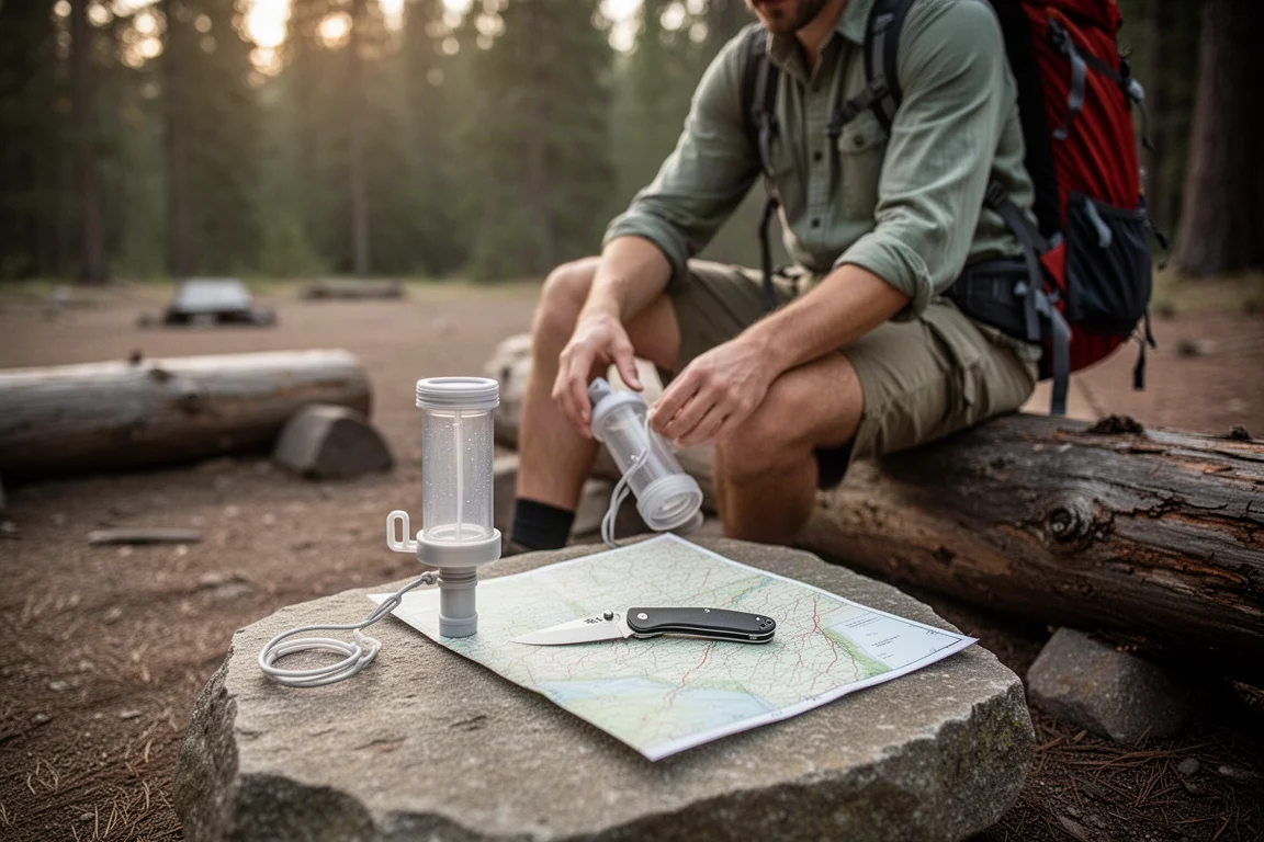 Backpacker überprüft Wasserfilter-Ausrüstung auf einem Baumstamm am Campingplatz