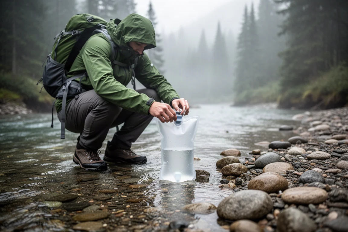 Hiker filling a soft water pouch at a clear alpine stream in early morning light