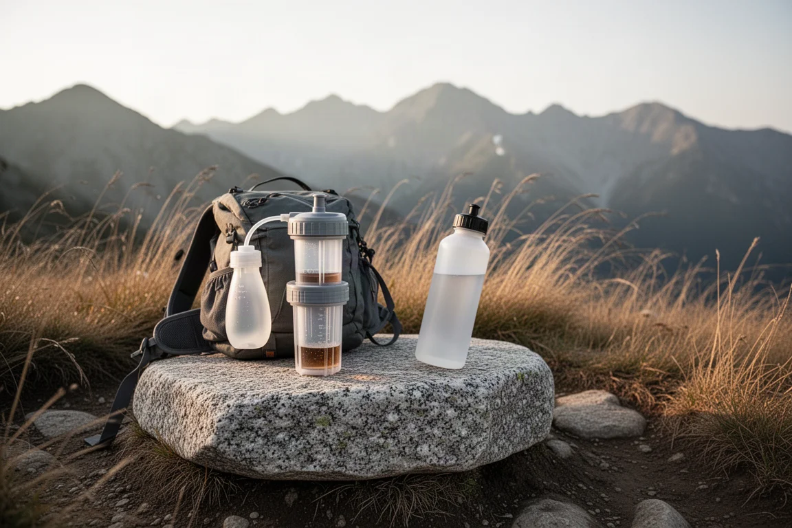 Squeeze filter setup resting on a granite boulder beside a high mountain trail
