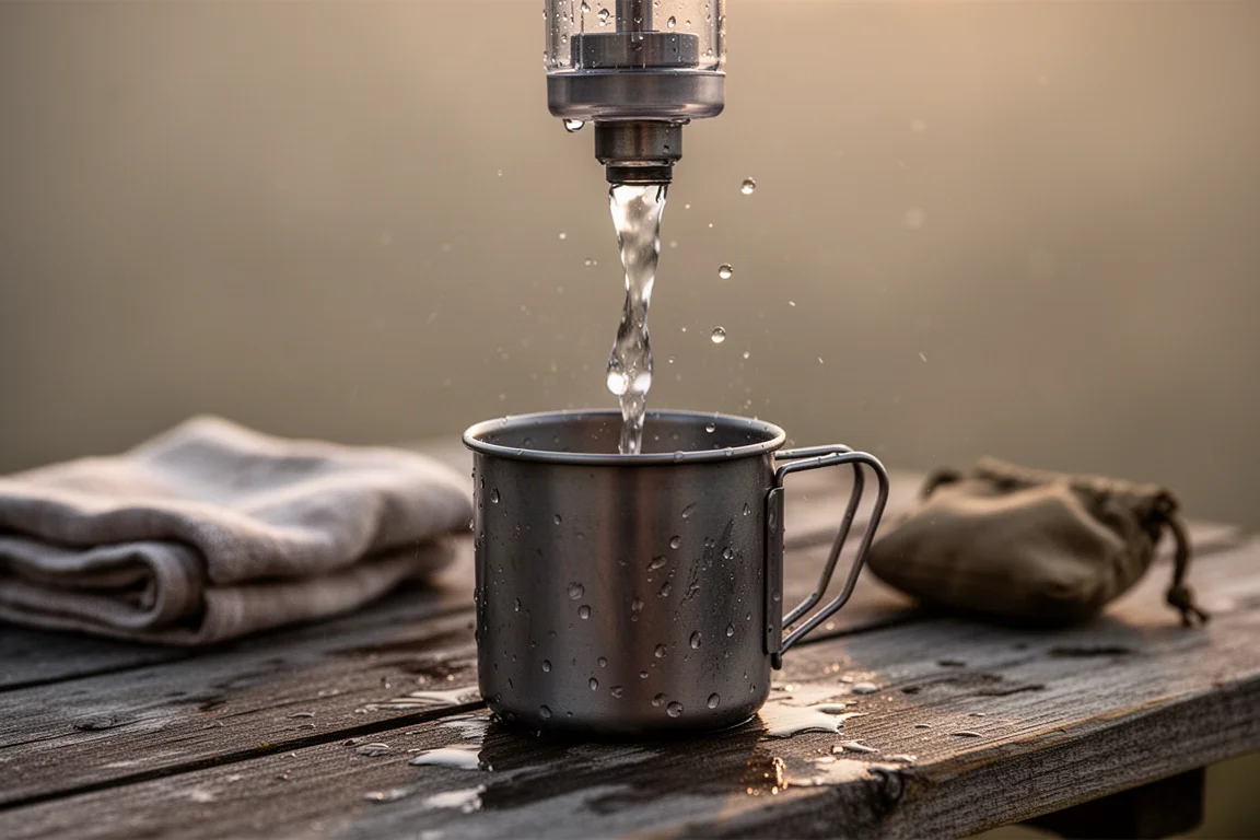 Clear water streaming from a filter nozzle into a metal camp cup on a wooden table