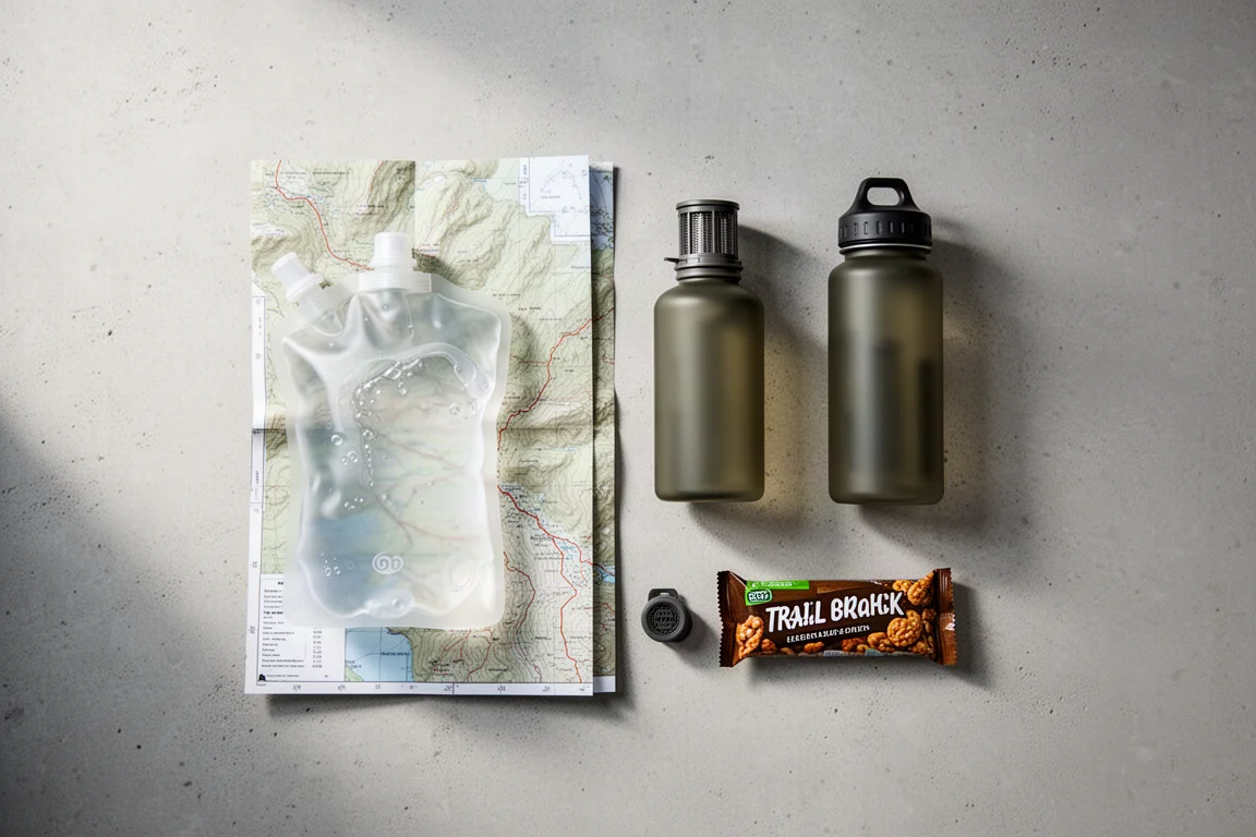 Overhead flat lay of a topographic map, water bottles, filter and snack on concrete