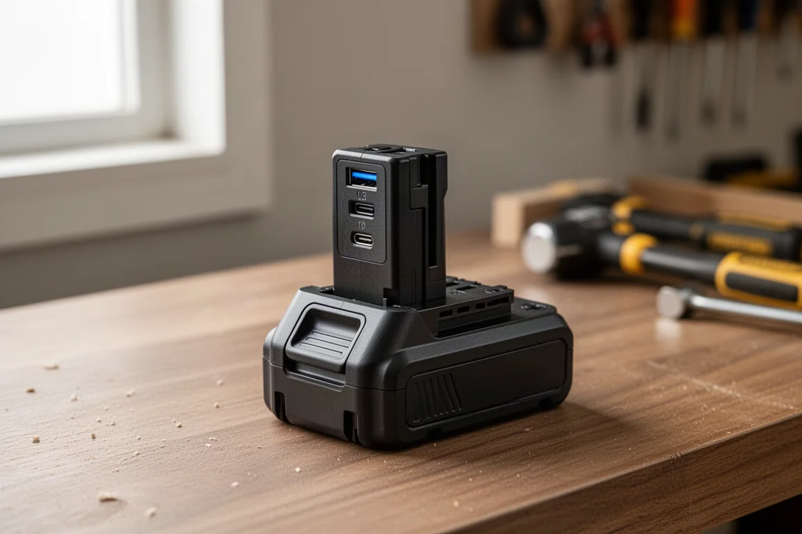 Compact battery top-off adapter with USB ports resting on a wooden workbench