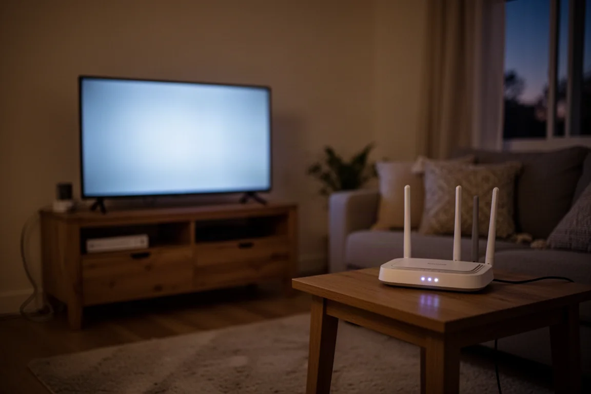 Living room with a TV and Wi-Fi router running during a power outage at night