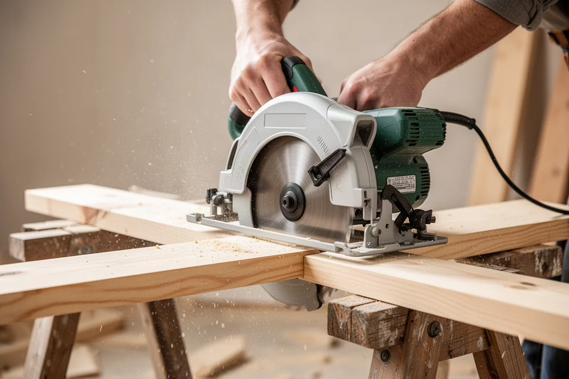 Corded circular saw cutting lumber on a job site with no grid power