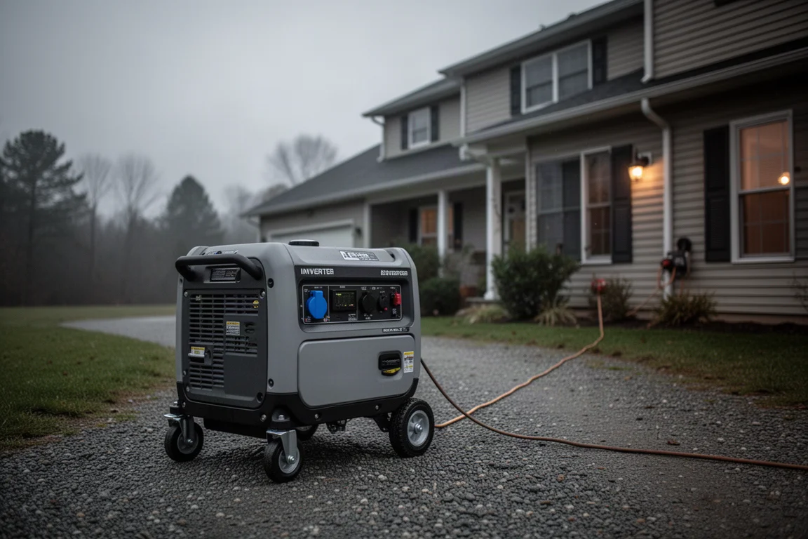 Large enclosed inverter generator standing on a gravel driveway beside a house