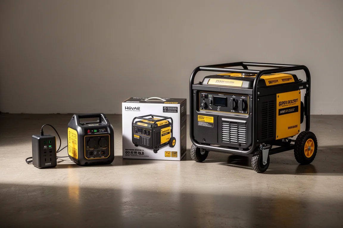 Range of backup power products from USB adapters to a large inverter generator on concrete