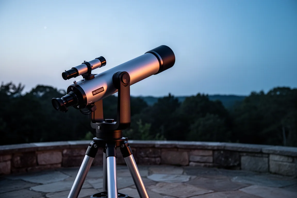 Telescope on a tripod set up on a patio ready for a night of observing
